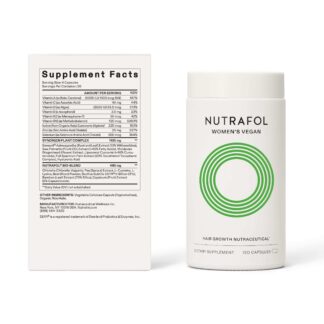 A white container of nutrafol is next to the supplement facts.